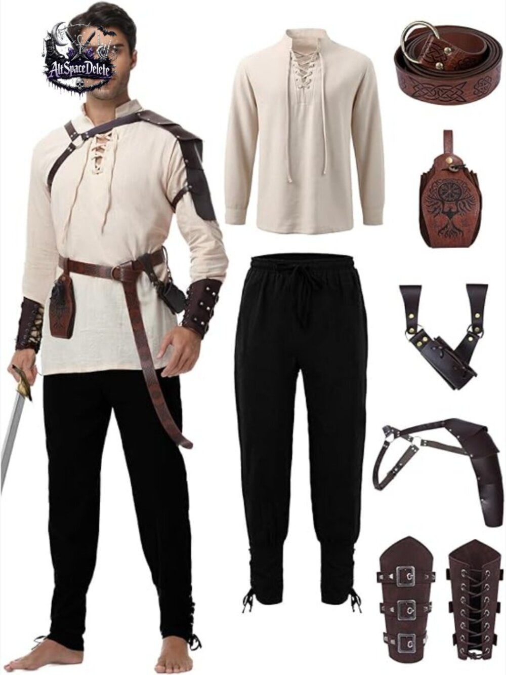 8 Pc Renaissance Medieval Costume Set for Men - Pirate Outfit with Viking Belt,